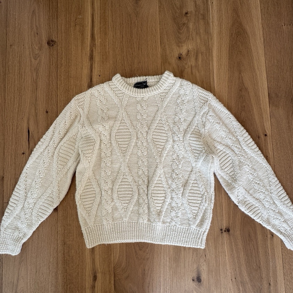 Vintage Ivory Cream Cable Knit Fisherman Sweater Size M Preppy Classic